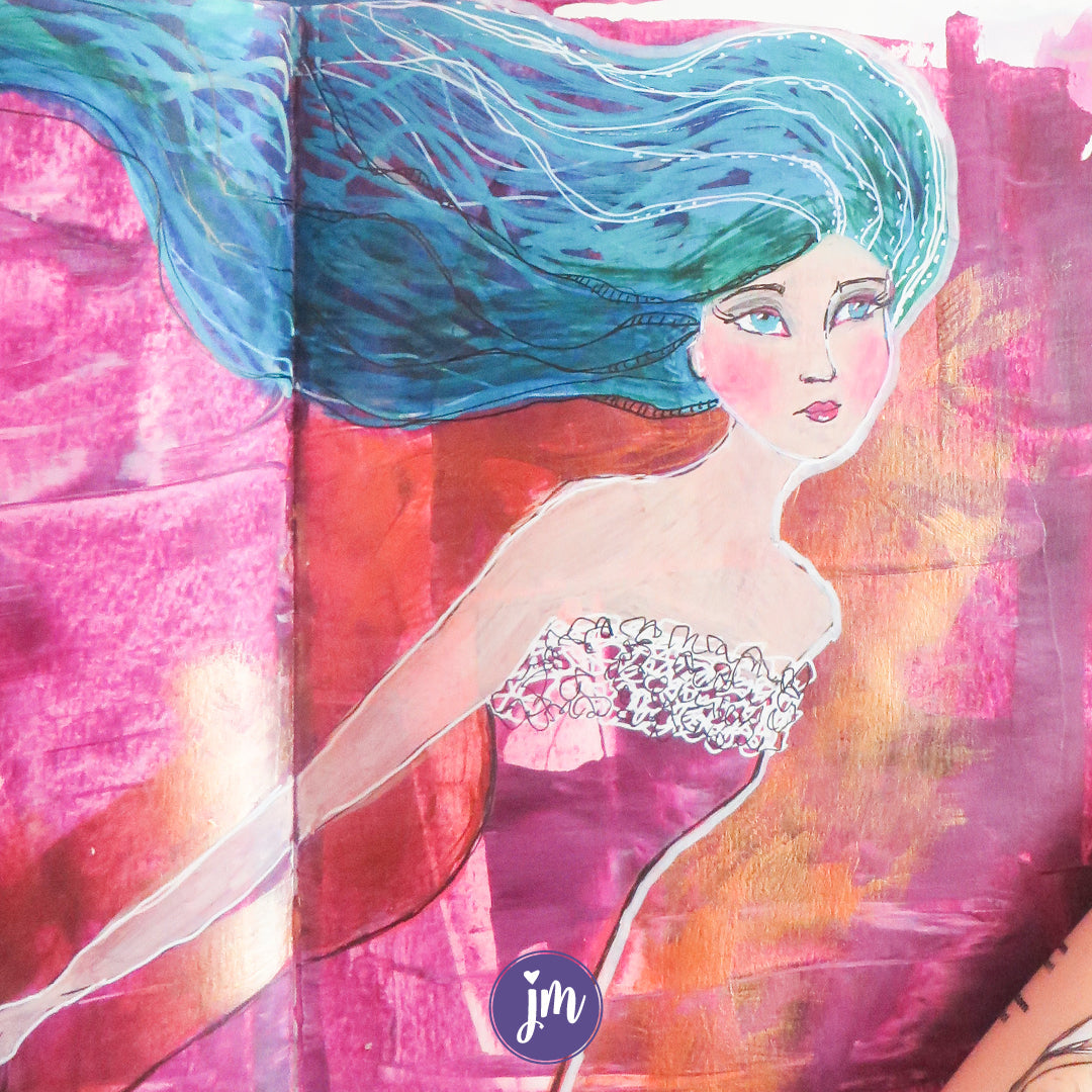 Get this gorgeous printable background (seen in the dress) for your art journal! Oh my goodness, I love the depth and swirl of color in this one! Magenta and copper, oh my! After printing your art journaling collage paper, tear it up to layer and collage, cut it in specific shapes (to create clothes or hair, for example) or do whatever your inspired heart desires!