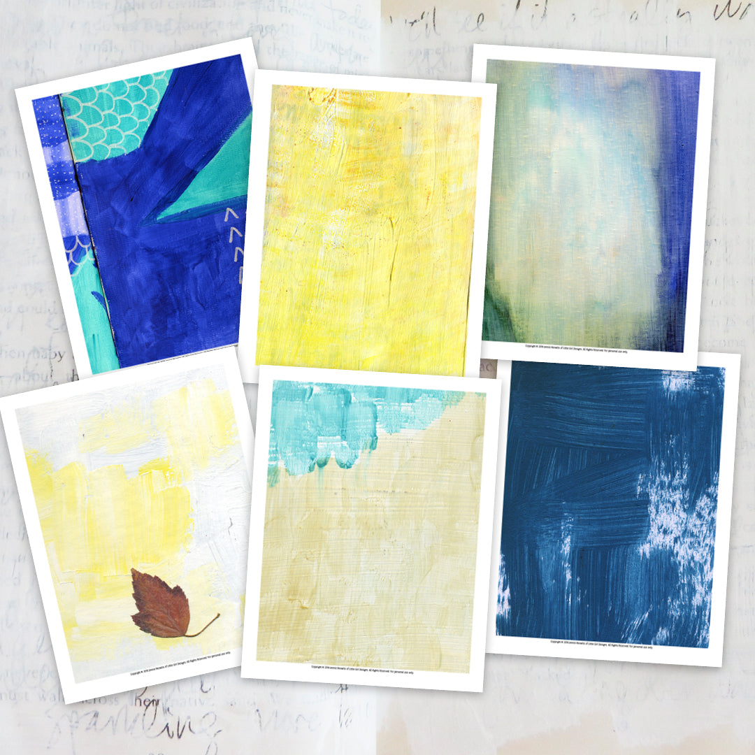 Here are more examples of the art journal collage papers by Jennie Moraitis; these are inspired by sunshine and the ocean! Download, print, and start using these lovely papers today!