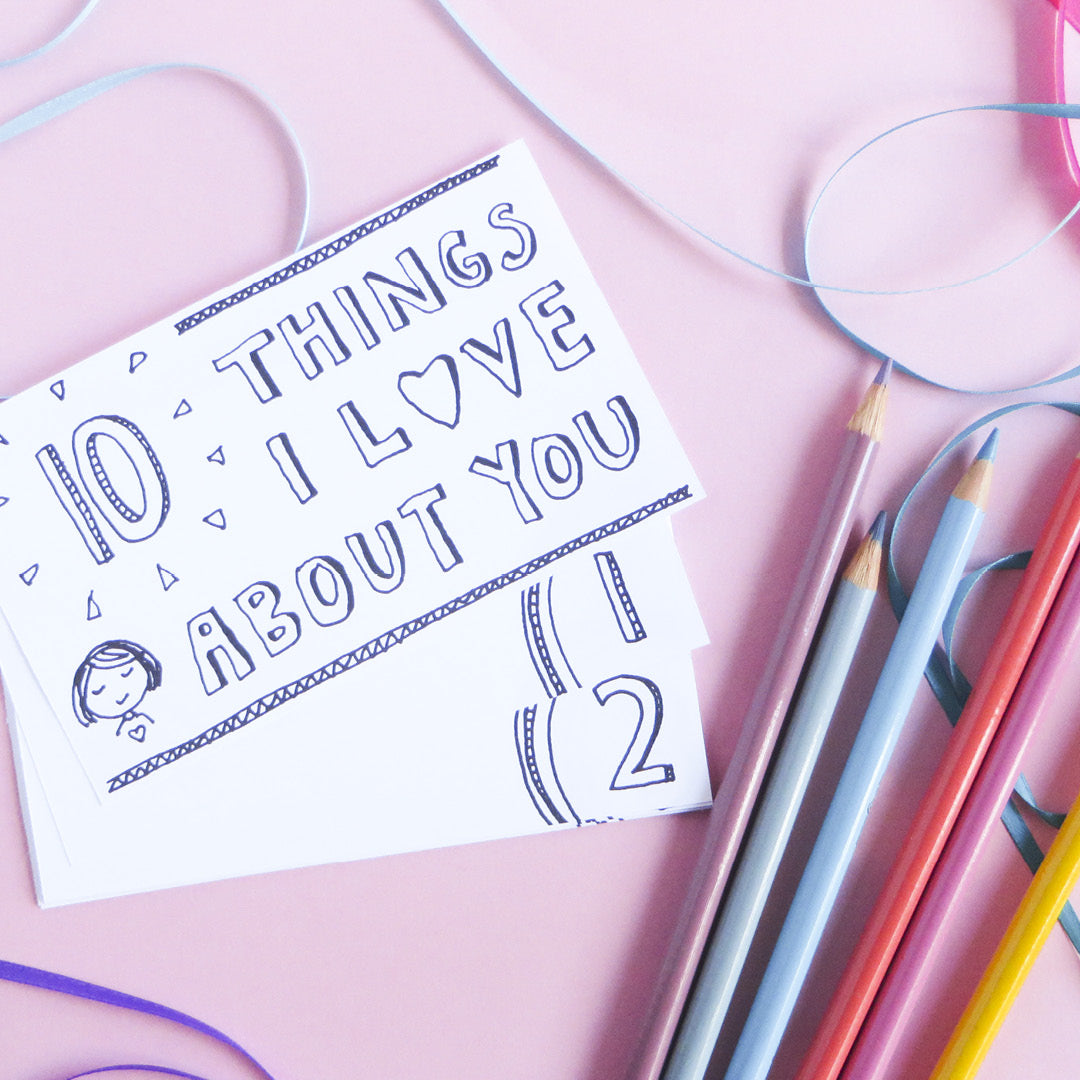 You'll receive three designs for this printable, including a black and white version that you can color yourself! Share your love with this cute I love you card printable set!