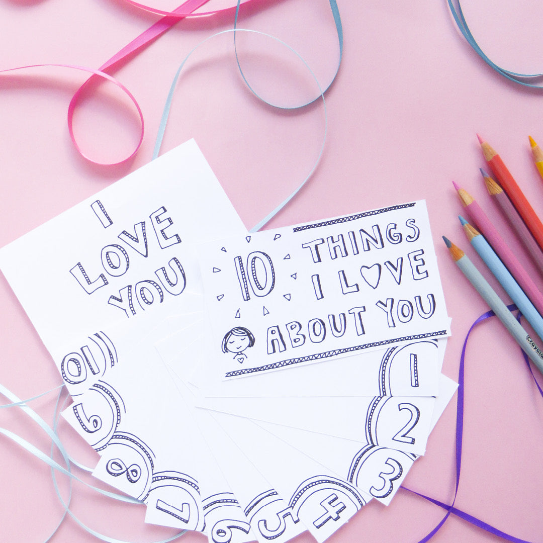 Have fun coloring your own 10 Things I Love About You printable set! You'll get a black and white version along with two full color options when you order your I love you cards printable.