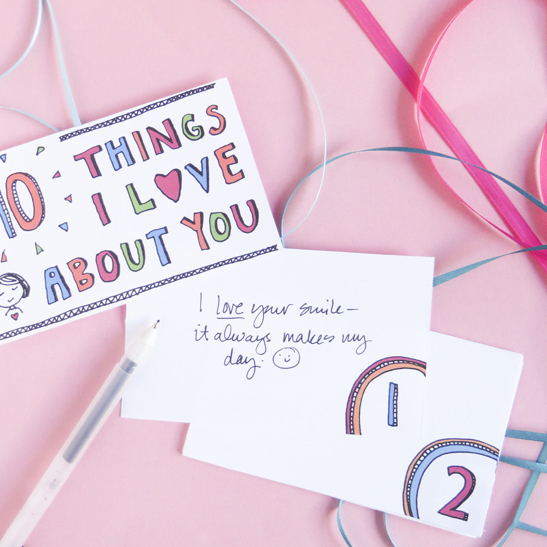 Each of the cards in the 10 Things I Love About You printable set has a large hand-drawn number in the corner and plenty of space for you to write you sentiment. A great gift for moms, dads, lovers, and kids too!