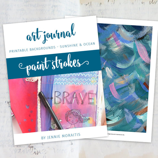Oh how I love these beautiful ocean inspired printable art journal backgrounds! Moody blues, waves and swirls, plus pops of color to brighten your layout . . . what more could you ask for? Art journaling bliss in collage paper form!