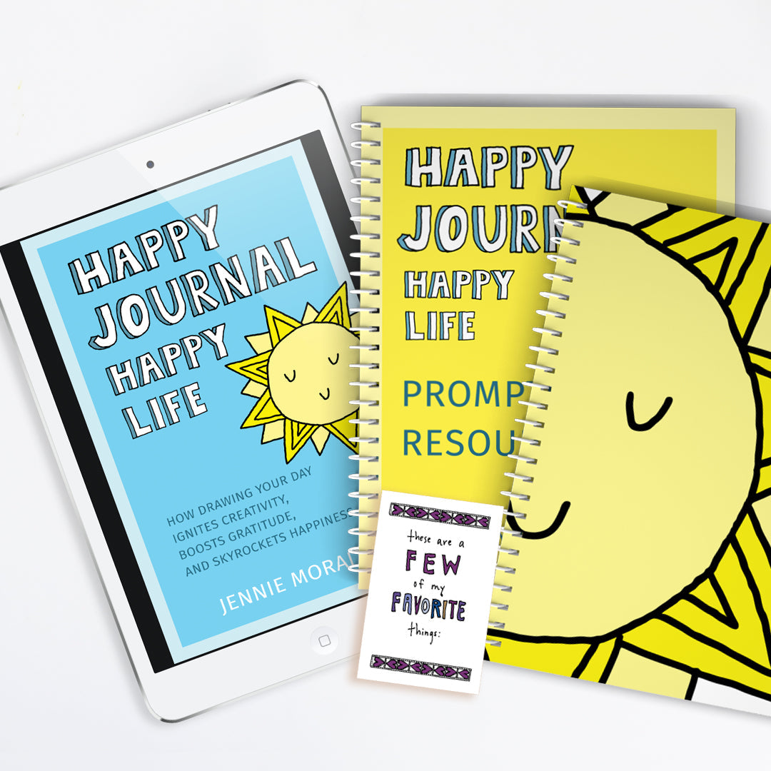 Jump into happy journaling with this fun bundle! You will receive a PDF of the best selling book, Happy Journal, Happy Life, a printable book of resources and prompts to get you started, a mini printable happy journal, and a blank printable happy journal to get started immediately! Join the happy journal community today!