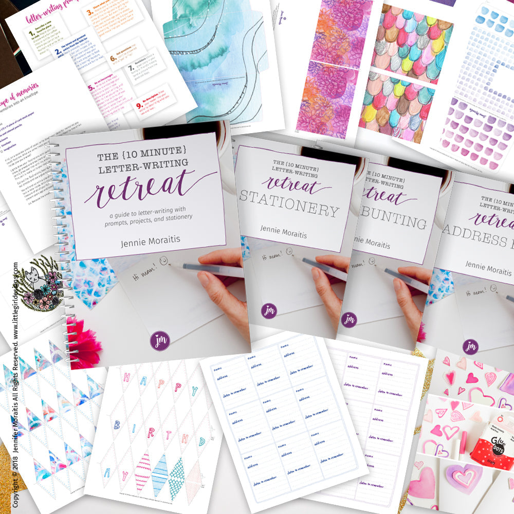 The 10 Minute Letter-writing Retreat is a 120 page bundle is packed with prompts, tutorials, and cute stationery for you to print out and get to writing! You'll find ideas and inspiration on how to fill up your friends' and family's mailboxes with sunshine. 