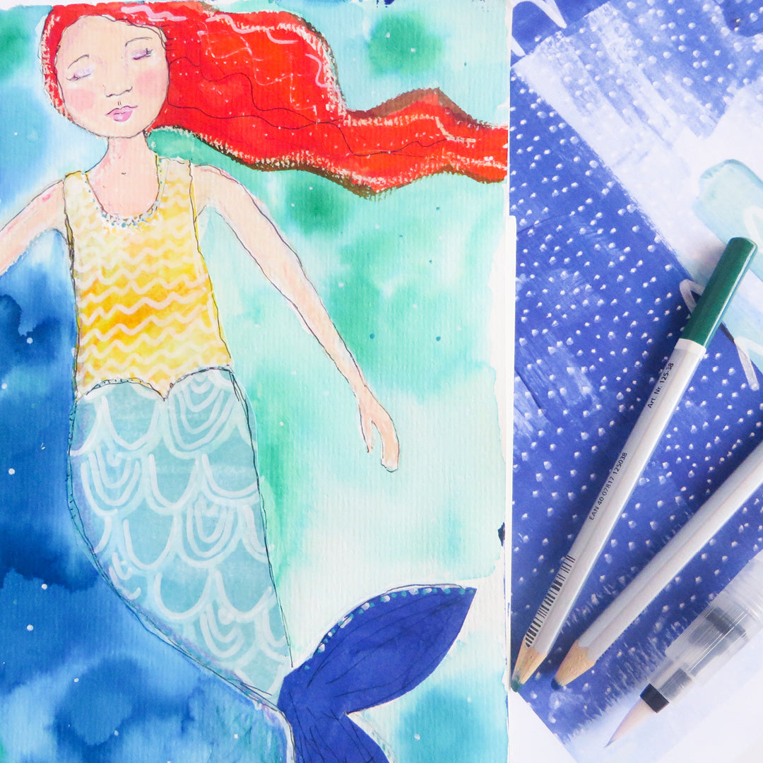 Even mermaids love art journal collage papers! Here's a picture of a mermaid "wearing" some printable backgrounds from the Sunshine and Ocean collection. So sweet!